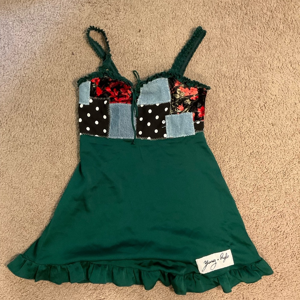 Green Patchwork Dress with Floral and Polka Dot Accents